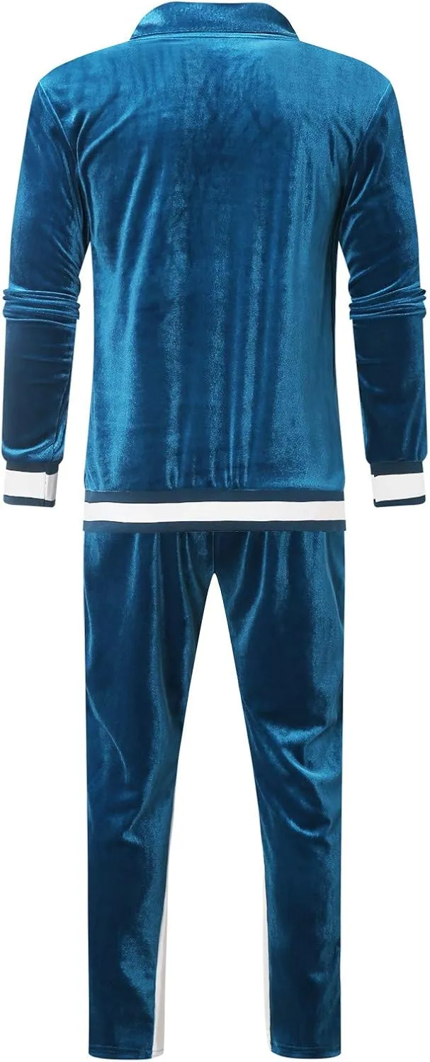 Men's Velour Tracksuits Winter Warm Full Zip Sweatsuit Sets Long Sleeve Color Block Casual Sportswear Suit Comfy