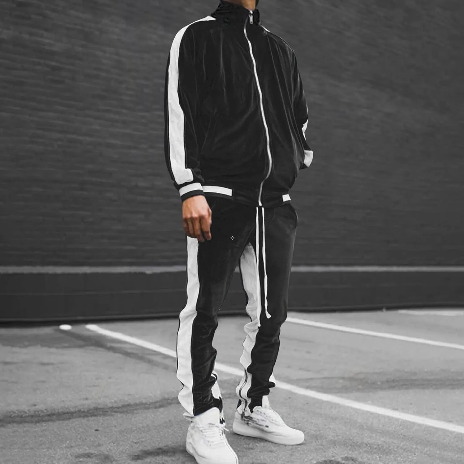 Men's Velour Tracksuits Winter Warm Full Zip Sweatsuit Sets Long Sleeve Color Block Casual Sportswear Suit Comfy