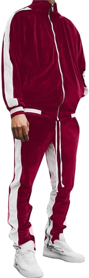 Men's Velour Tracksuits Winter Warm Full Zip Sweatsuit Sets Long Sleeve Color Block Casual Sportswear Suit Comfy