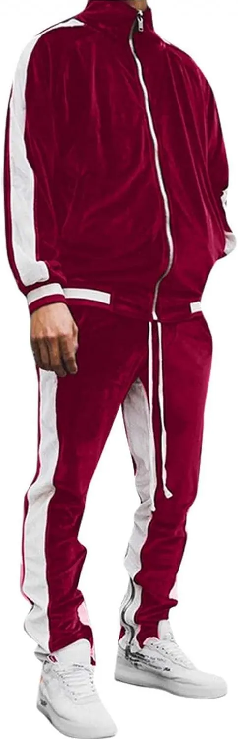 Men's Velour Tracksuits Winter Warm Full Zip Sweatsuit Sets Long Sleeve Color Block Casual Sportswear Suit Comfy