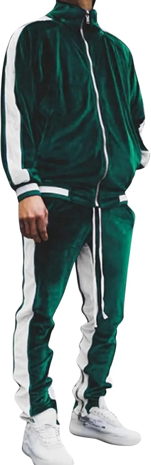 Men's Velour Tracksuits Winter Warm Full Zip Sweatsuit Sets Long Sleeve Color Block Casual Sportswear Suit Comfy