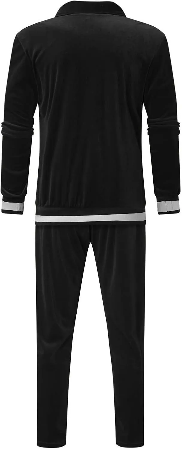 Men's Velour Tracksuits Winter Warm Full Zip Sweatsuit Sets Long Sleeve Color Block Casual Sportswear Suit Comfy
