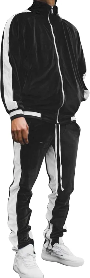 Men's Velour Tracksuits Winter Warm Full Zip Sweatsuit Sets Long Sleeve Color Block Casual Sportswear Suit Comfy