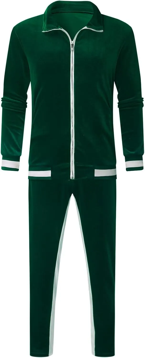 Men's Velour Tracksuits Winter Warm Full Zip Sweatsuit Sets Long Sleeve Color Block Casual Sportswear Suit Comfy