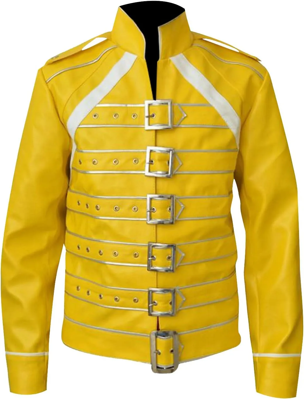 Mens Yellow Faux Leather Biker Jacket - British Rock Singer Wembley Concert Belted Motorcycle Costume