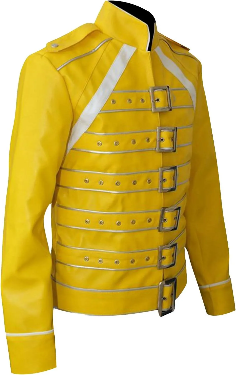 Mens Yellow Faux Leather Biker Jacket - British Rock Singer Wembley Concert Belted Motorcycle Costume