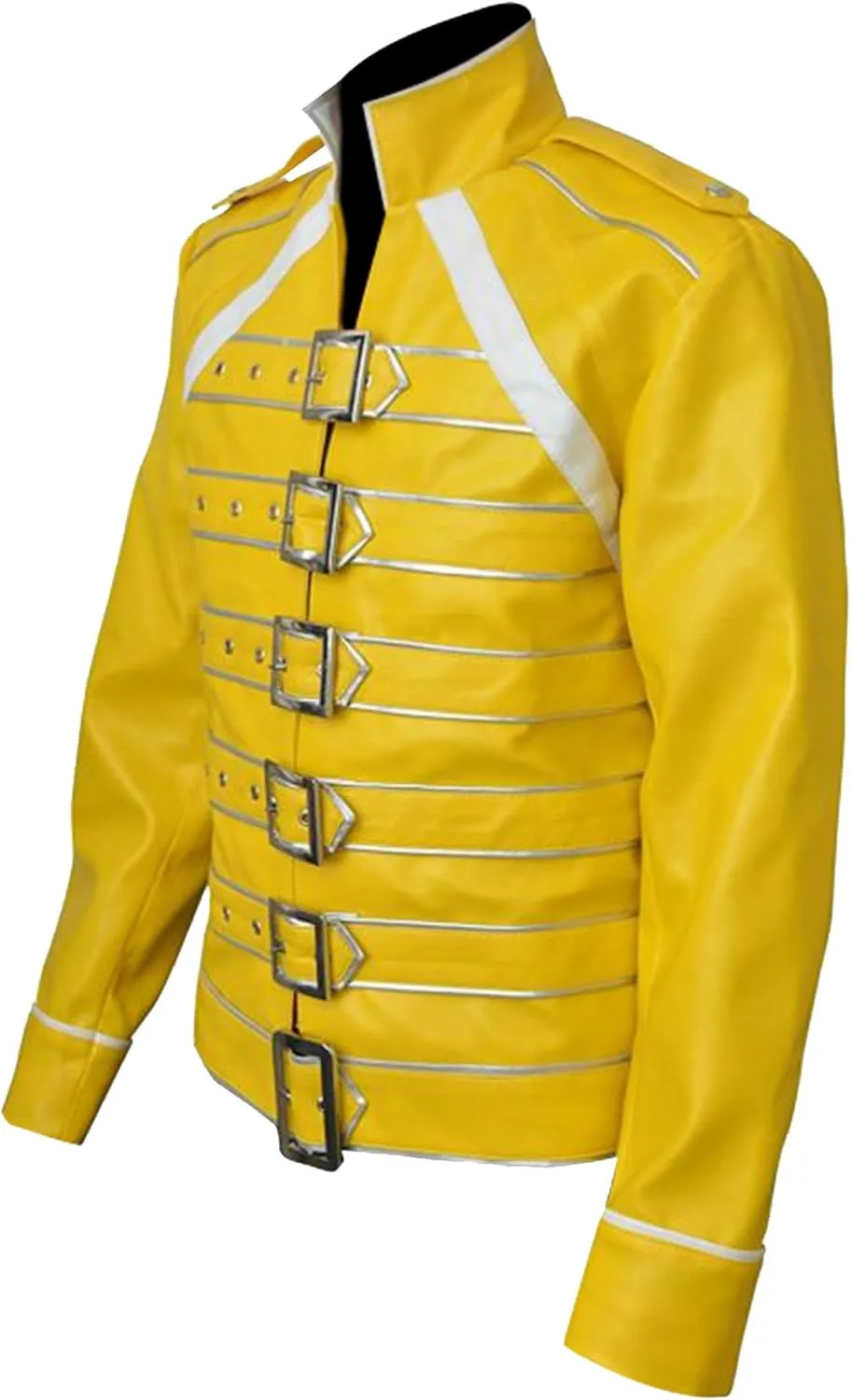 Mens Yellow Faux Leather Biker Jacket - British Rock Singer Wembley Concert Belted Motorcycle Costume