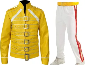 Mens Yellow Faux Leather Biker Jacket - British Rock Singer Wembley Concert Belted Motorcycle Costume