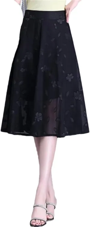 Mesh Flower A-Line Skirt Women Summer High Waist Pleated Mid-Thigh Office Lady Midiskirt