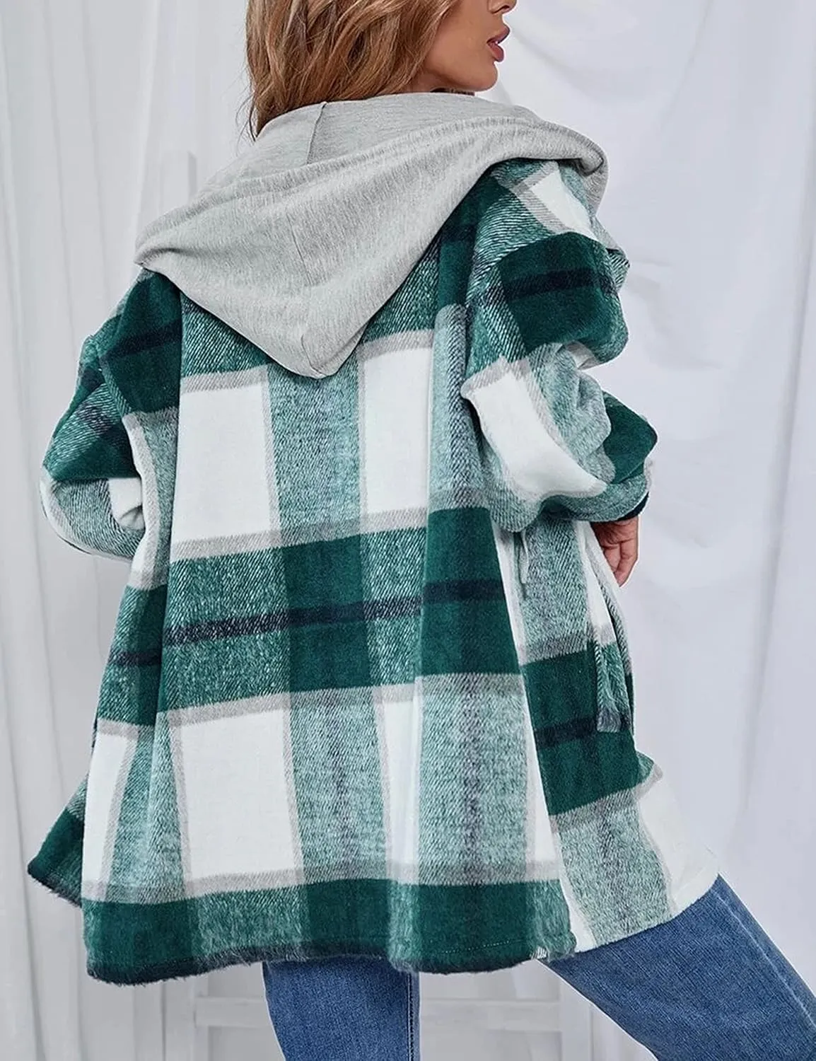 Mingzhu Womens Flannel Plaid Hoodie Jacket Shacket Oversized Button Down Coat