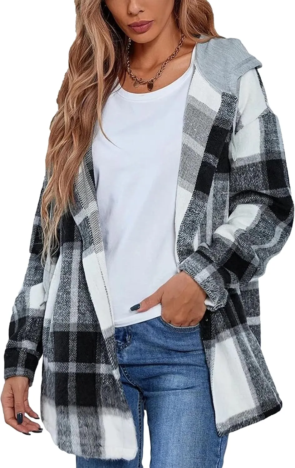 Mingzhu Womens Flannel Plaid Hoodie Jacket Shacket Oversized Button Down Coat