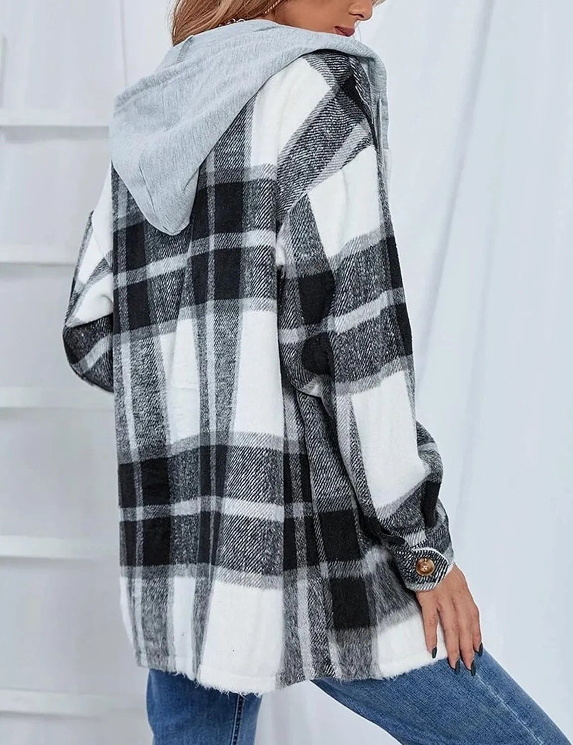 Mingzhu Womens Flannel Plaid Hoodie Jacket Shacket Oversized Button Down Coat