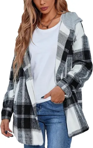 Mingzhu Womens Flannel Plaid Hoodie Jacket Shacket Oversized Button Down Coat