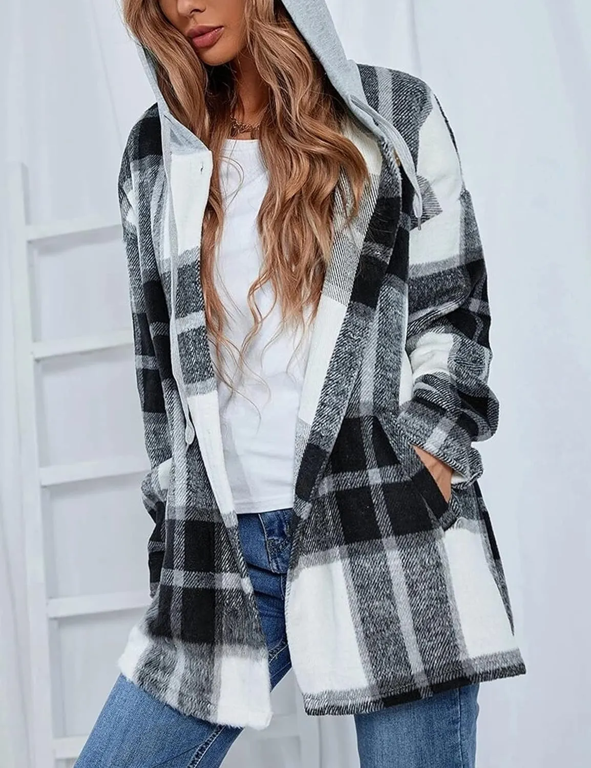 Mingzhu Womens Flannel Plaid Hoodie Jacket Shacket Oversized Button Down Coat