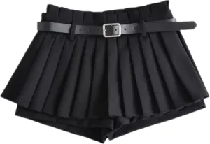 Mini Pleated Skirts for Women, Y2K High Waist Stretchy Tennis Skater A-Line Short Skirt with Shorts Underneath. Black