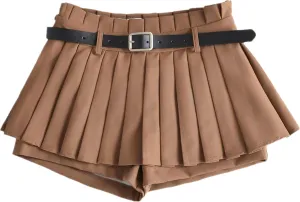 Mini Pleated Skirts for Women, Y2K High Waist Stretchy Tennis Skater A-Line Short Skirt with Shorts Underneath. Khaki