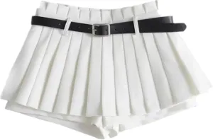 Mini Pleated Skirts for Women, Y2K High Waist Stretchy Tennis Skater A-Line Short Skirt with Shorts Underneath. White