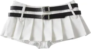 Mini Pleated Skirts for Women, Y2K High Waist Stretchy Tennis Skater A-Line Short Skirt with Shorts Underneath. White
