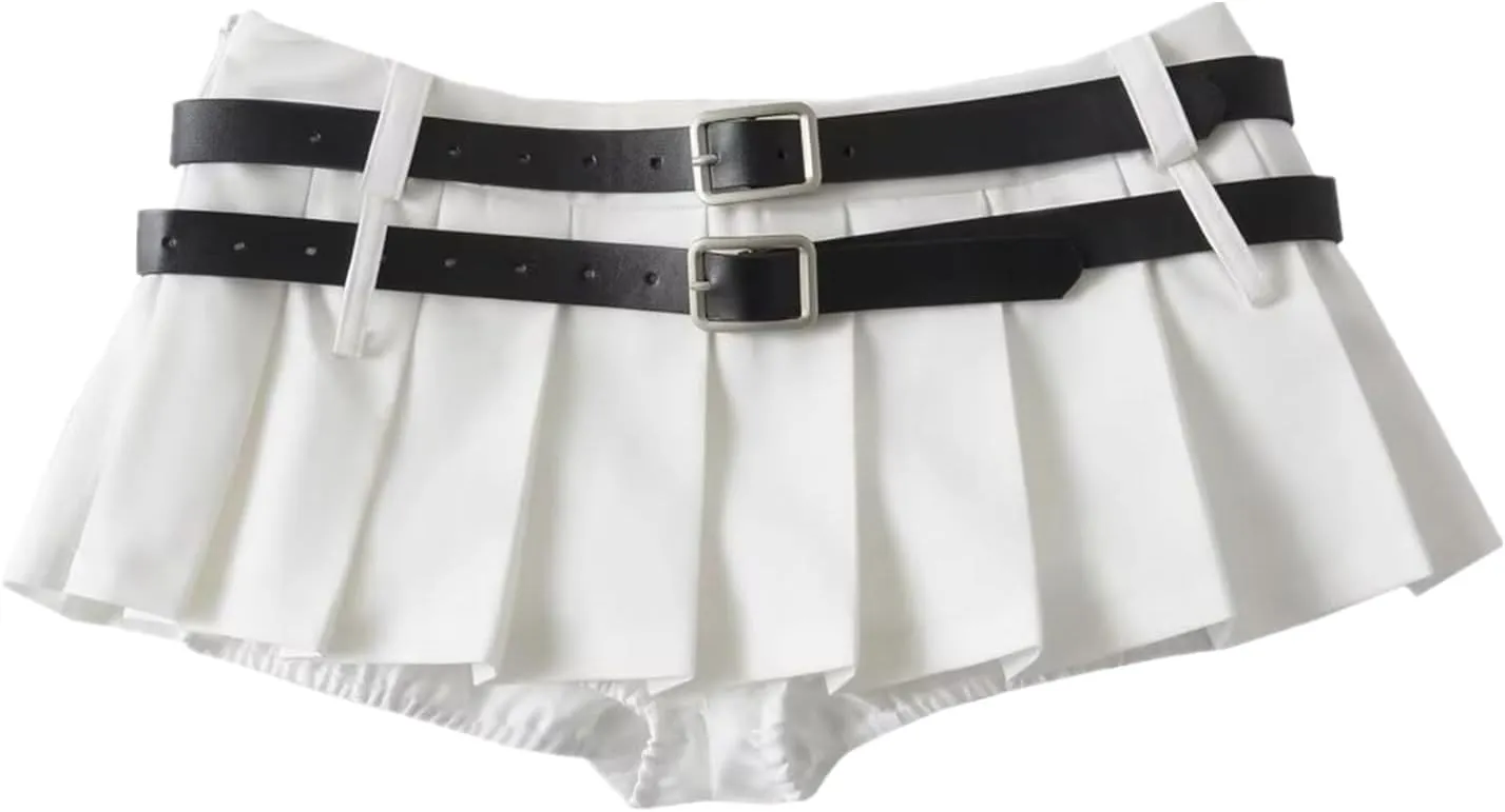 Mini Pleated Skirts for Women, Y2K High Waist Stretchy Tennis Skater A-Line Short Skirt with Shorts Underneath. White