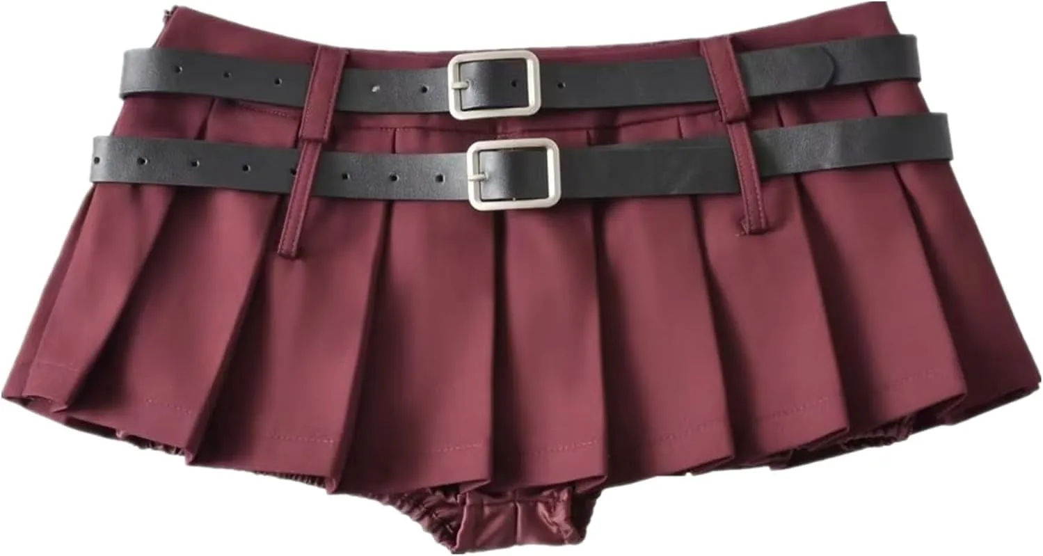 Mini Pleated Skirts for Women, Y2K High Waist Stretchy Tennis Skater A-Line Short Skirt with Shorts Underneath. Wine Red