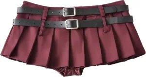 Mini Pleated Skirts for Women, Y2K High Waist Stretchy Tennis Skater A-Line Short Skirt with Shorts Underneath. Wine Red