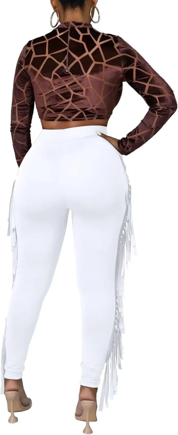 Mintsnow Women's Fringe Pants Casual High Waist Tassel Bodycon Pants Skinny Long Jogger Legging Pants Sweatpants Streetwear