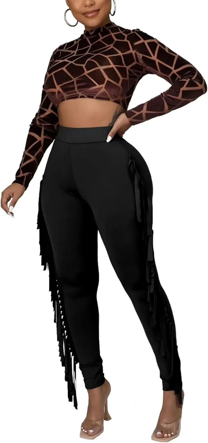 Mintsnow Women's Fringe Pants Casual High Waist Tassel Bodycon Pants Skinny Long Jogger Legging Pants Sweatpants Streetwear
