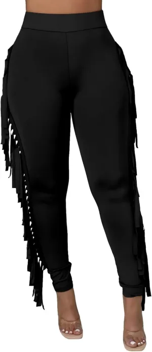 Mintsnow Women's Fringe Pants Casual High Waist Tassel Bodycon Pants Skinny Long Jogger Legging Pants Sweatpants Streetwear