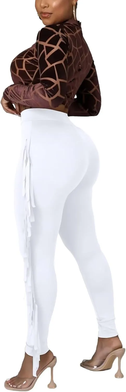 Mintsnow Women's Fringe Pants Casual High Waist Tassel Bodycon Pants Skinny Long Jogger Legging Pants Sweatpants Streetwear