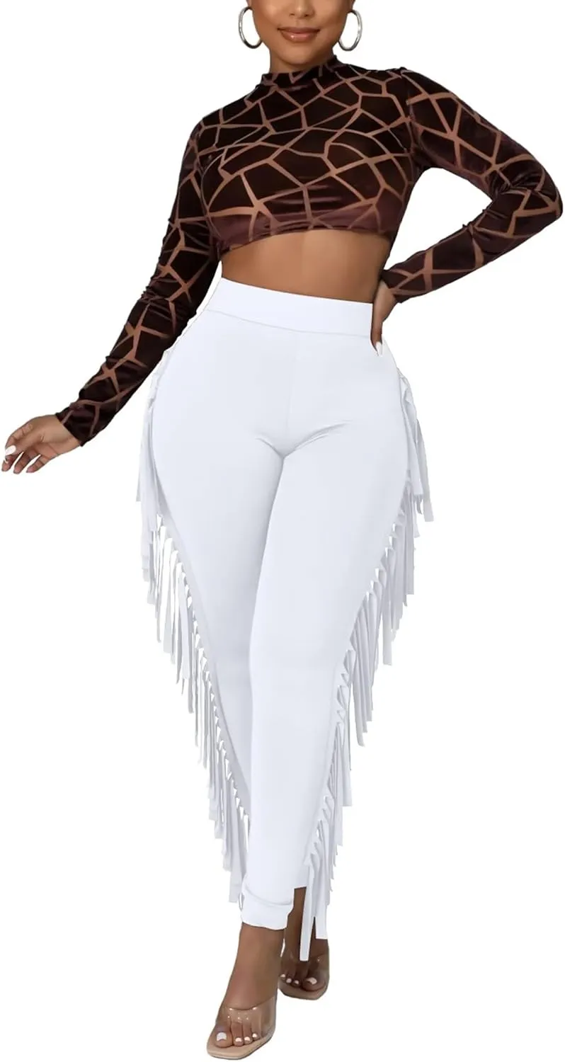 Mintsnow Women's Fringe Pants Casual High Waist Tassel Bodycon Pants Skinny Long Jogger Legging Pants Sweatpants Streetwear