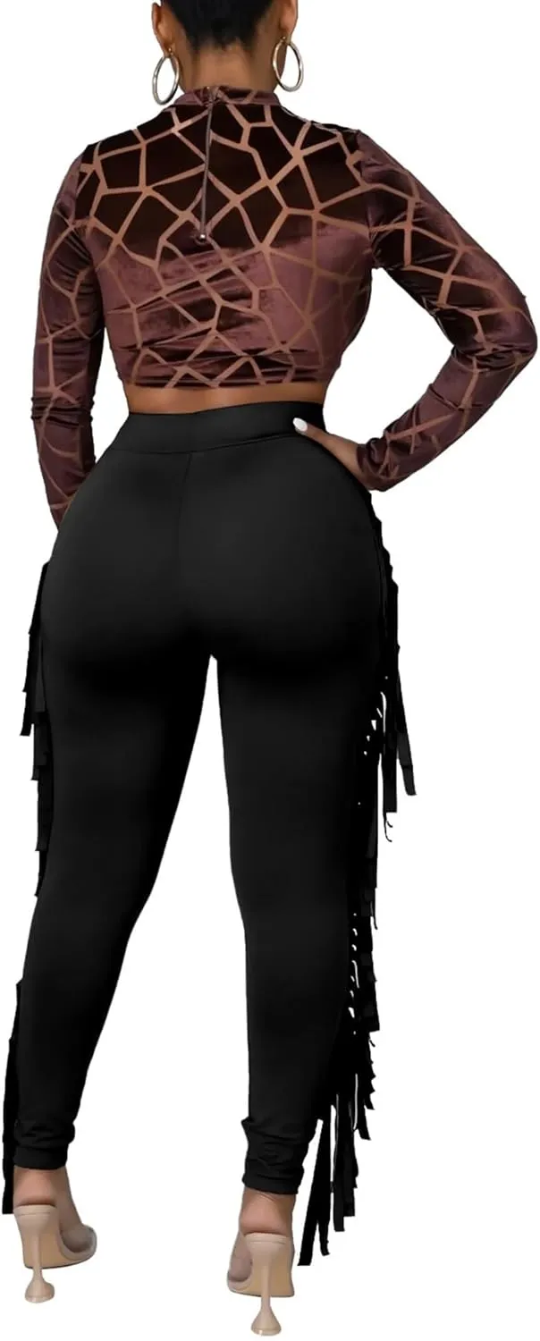Mintsnow Women's Fringe Pants Casual High Waist Tassel Bodycon Pants Skinny Long Jogger Legging Pants Sweatpants Streetwear
