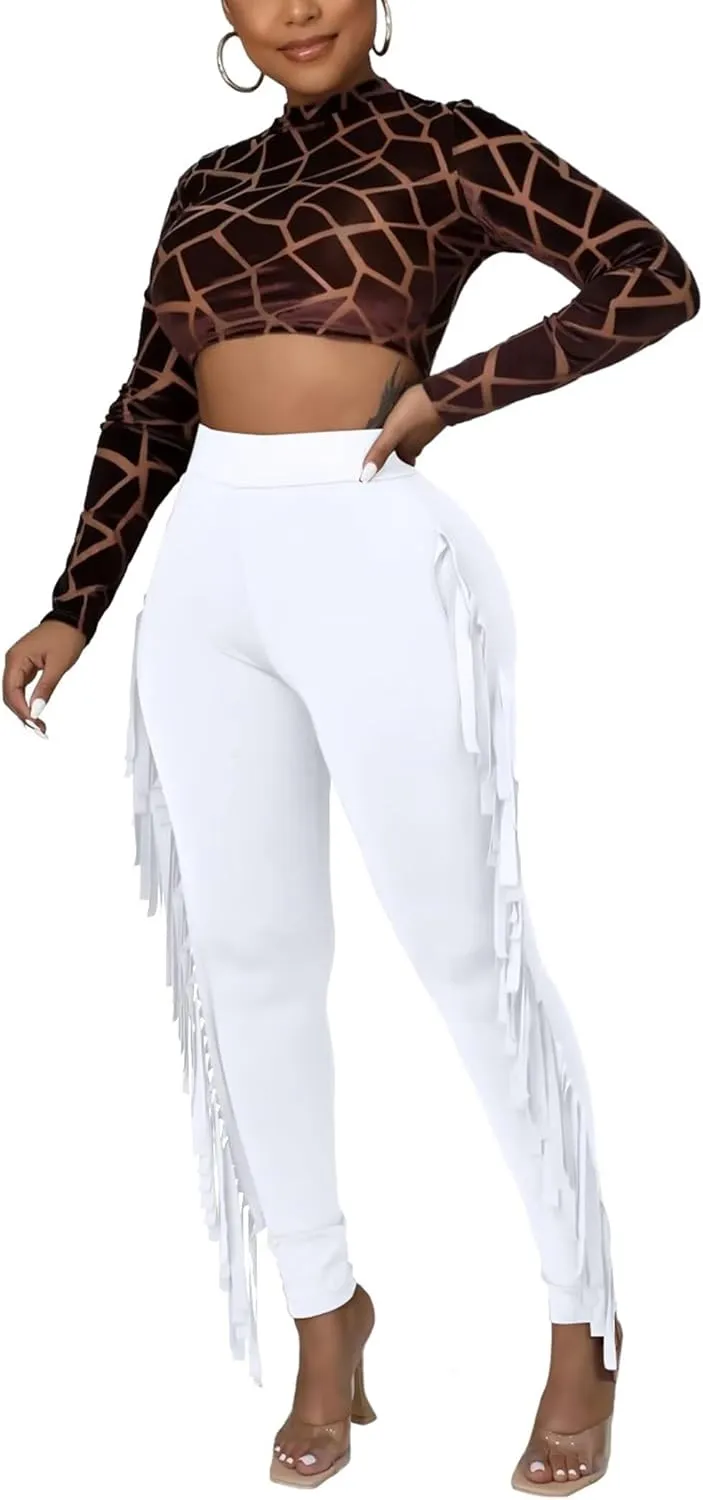 Mintsnow Women's Fringe Pants Casual High Waist Tassel Bodycon Pants Skinny Long Jogger Legging Pants Sweatpants Streetwear