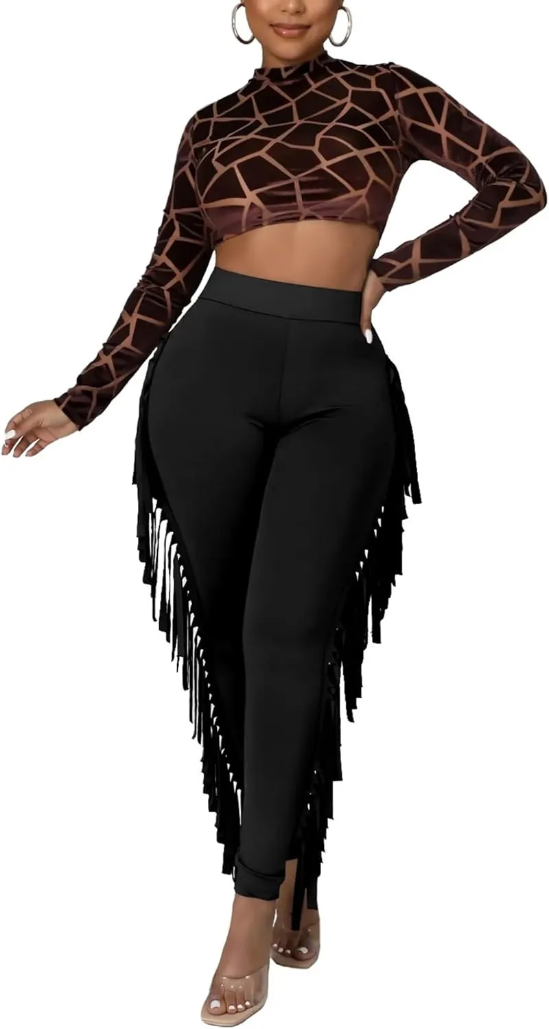 Mintsnow Women's Fringe Pants Casual High Waist Tassel Bodycon Pants Skinny Long Jogger Legging Pants Sweatpants Streetwear