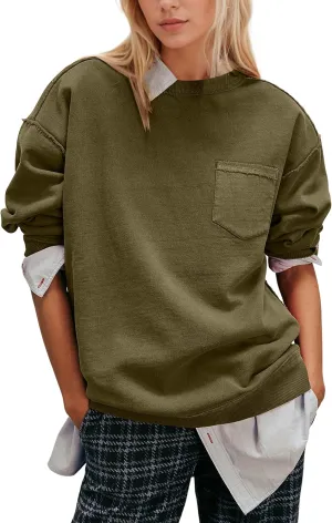 MISSACTIVER Women Oversized Sweatshirts Exposed Seam Pullover Sweatshirt Crewneck Pullover Tops Streetwear with Pocket