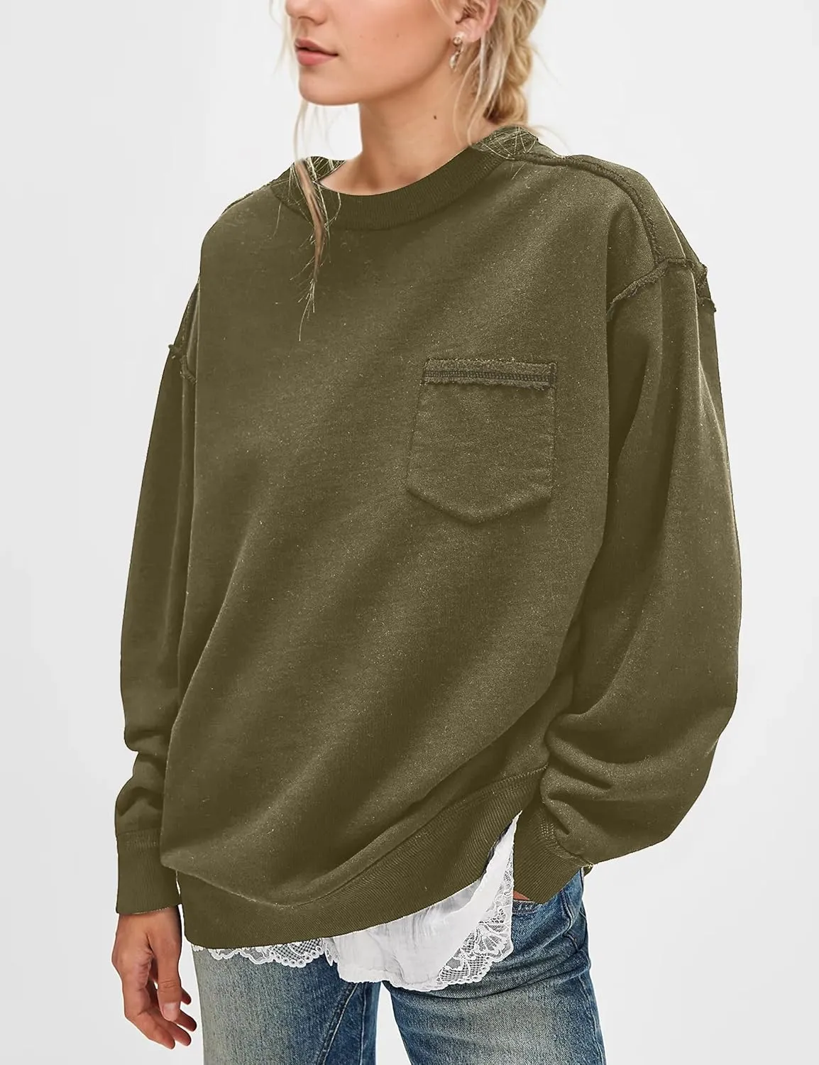 MISSACTIVER Women Oversized Sweatshirts Exposed Seam Pullover Sweatshirt Crewneck Pullover Tops Streetwear with Pocket