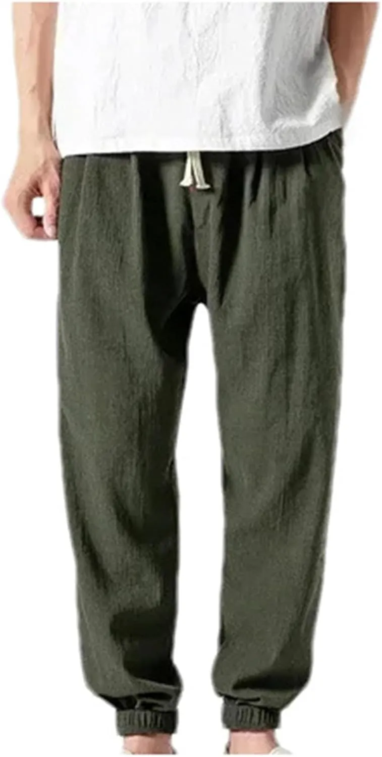 Mnjyihy Men's Summer Cotton Linen Harem Pants Casual Loose Elastic Waist Drawstring Jogging Trousers
