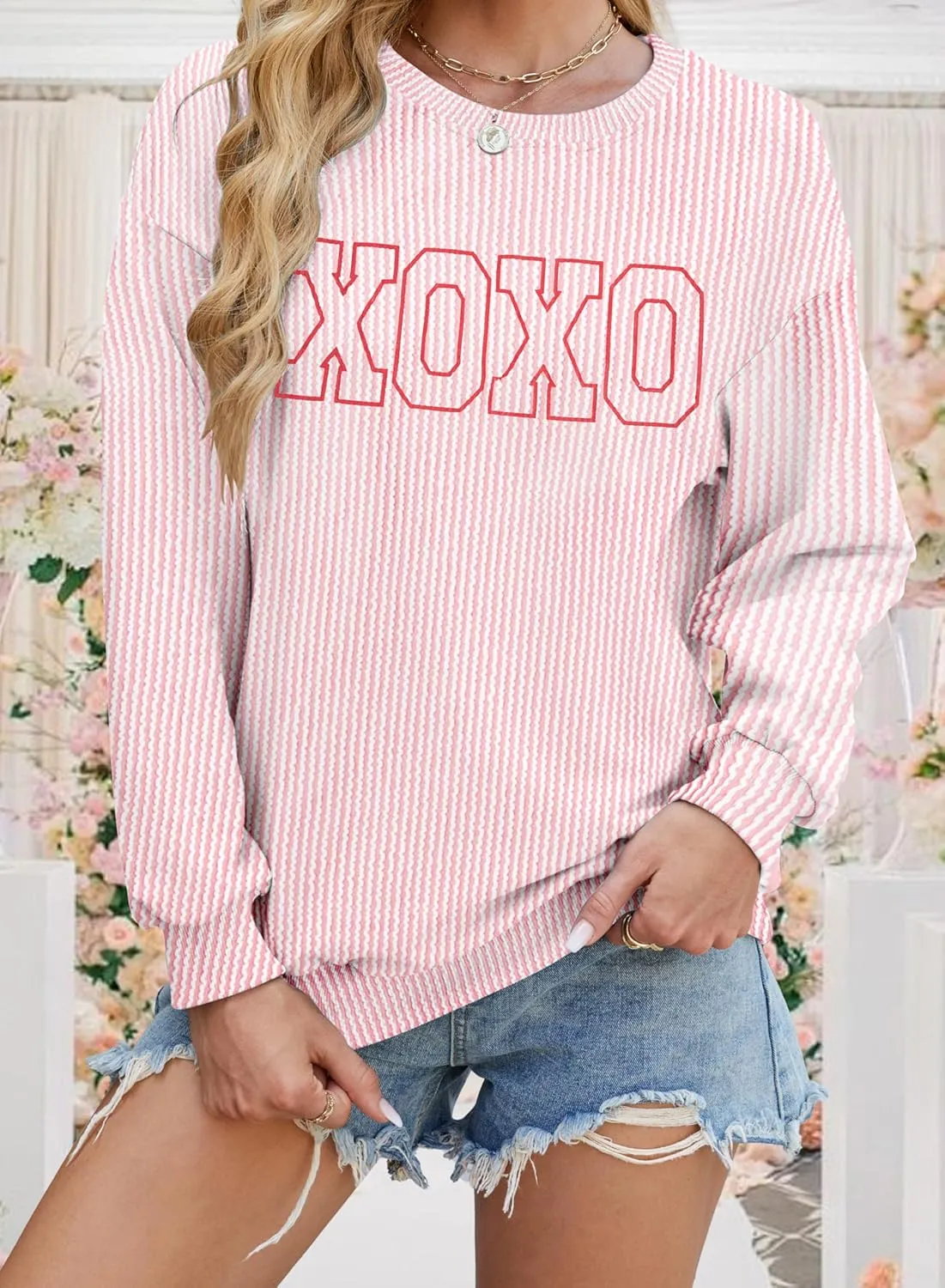 MNLYBABY Cute Love Heart Shirts Women Ribbed Textured Knit Casual Shirt Lightweight Valentines Sweatshirt Long Sleeve Top