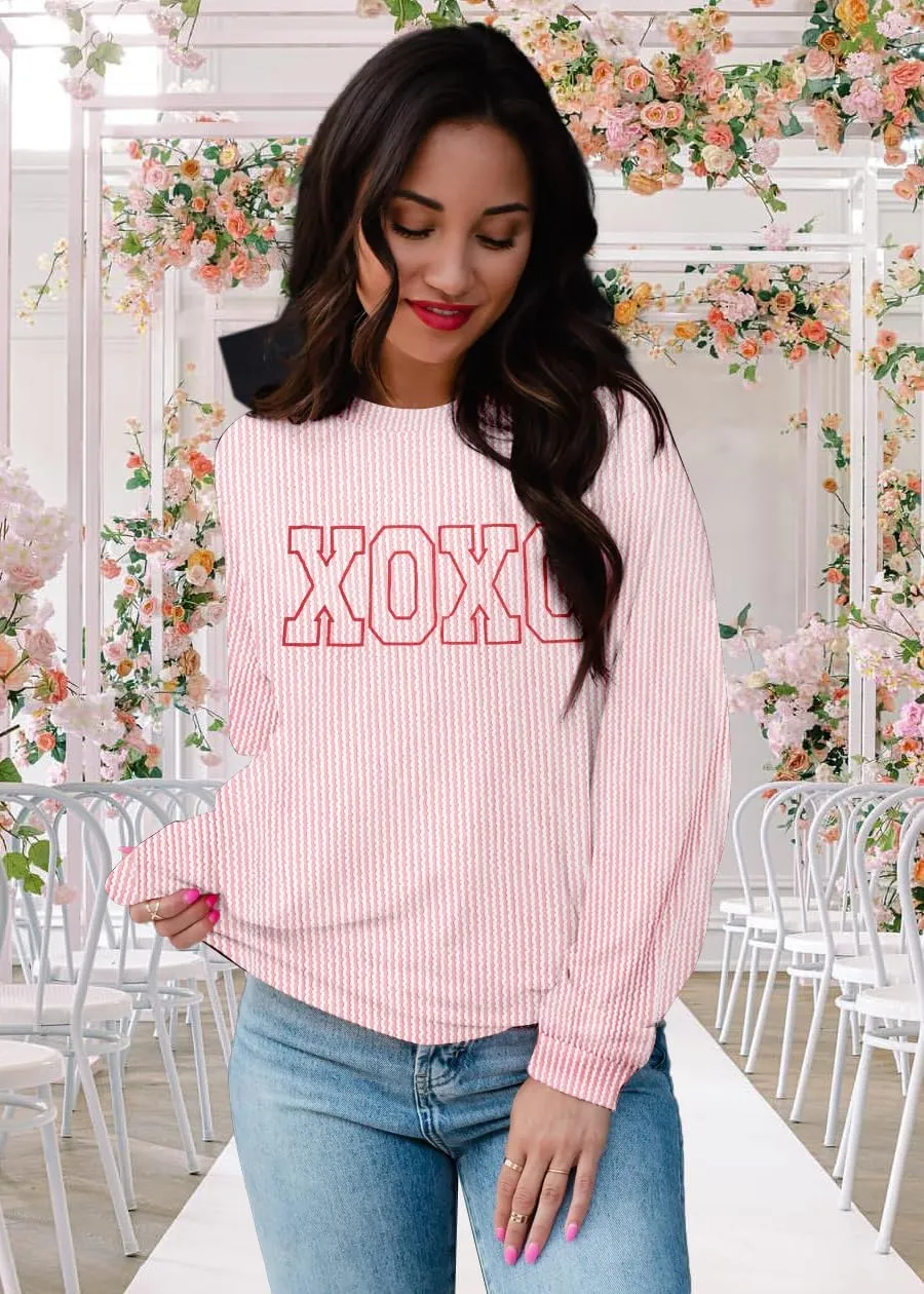 MNLYBABY Cute Love Heart Shirts Women Ribbed Textured Knit Casual Shirt Lightweight Valentines Sweatshirt Long Sleeve Top