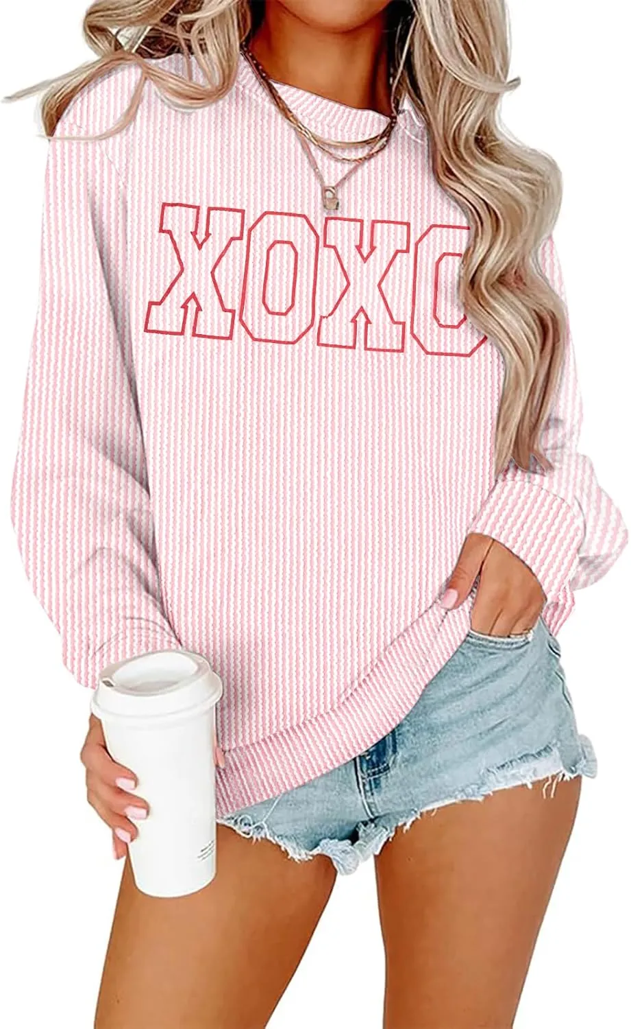 MNLYBABY Cute Love Heart Shirts Women Ribbed Textured Knit Casual Shirt Lightweight Valentines Sweatshirt Long Sleeve Top