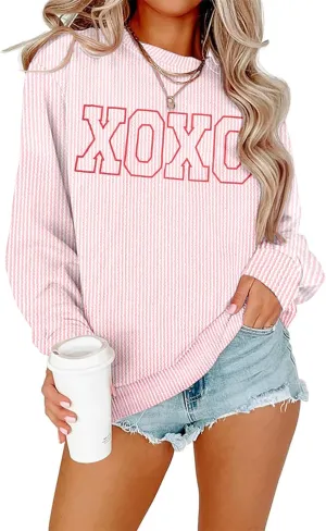 MNLYBABY Cute Love Heart Shirts Women Ribbed Textured Knit Casual Shirt Lightweight Valentines Sweatshirt Long Sleeve Top