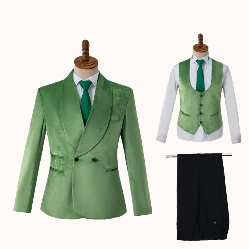 Modern Green Velvet Wedding Suits Shawl Lapel Double Breasted Formal Wedding Groom Suits