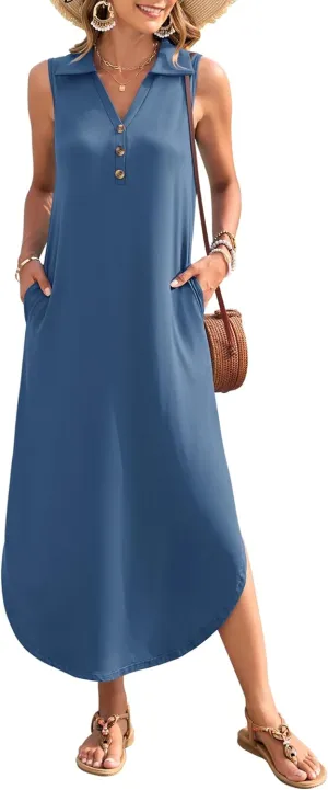MOLERANI Women's Casual V Neck Maxi Dress Summer Long Sleeveless Sundress with Button 2025 Loose Fit Pockets