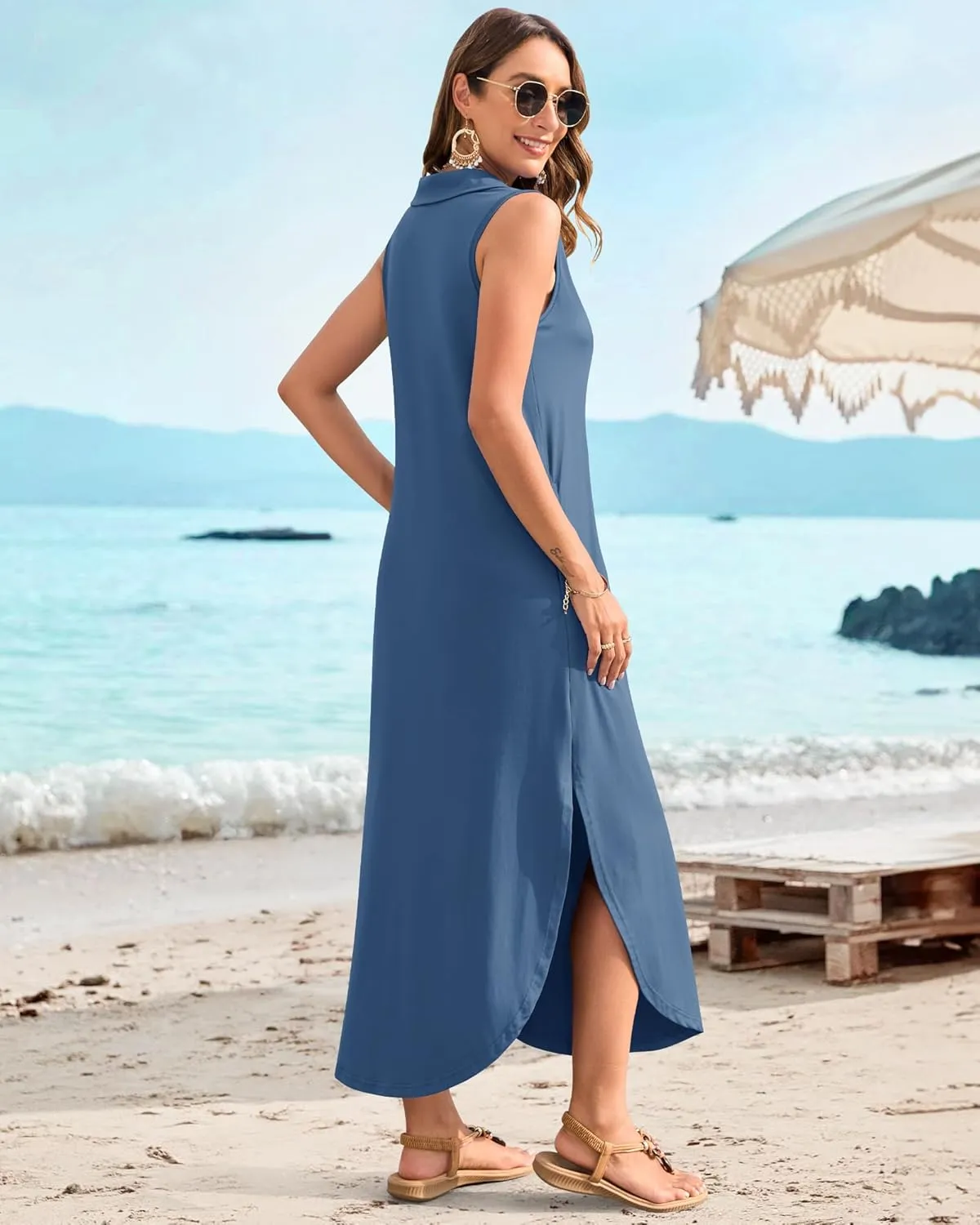 MOLERANI Women's Casual V Neck Maxi Dress Summer Long Sleeveless Sundress with Button 2025 Loose Fit Pockets