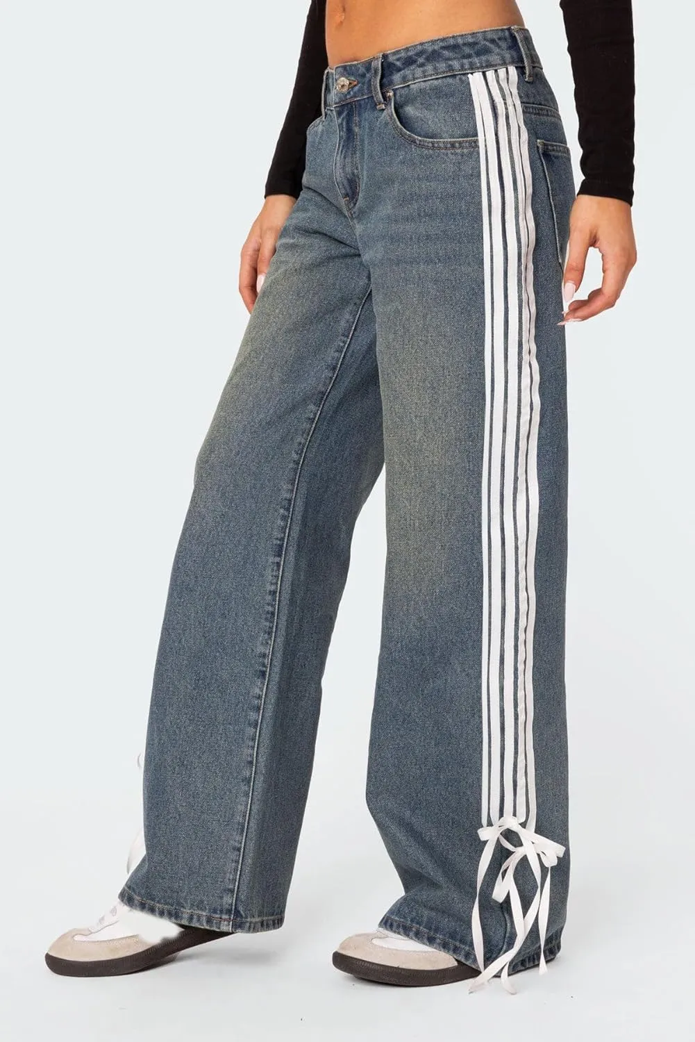 Mxiqqpltky Womens Wide Leg Jeans High Waist Boyfriend Denim Pants Side Striped Print Straight Baggy Mom Jeans Y2k Streetwear