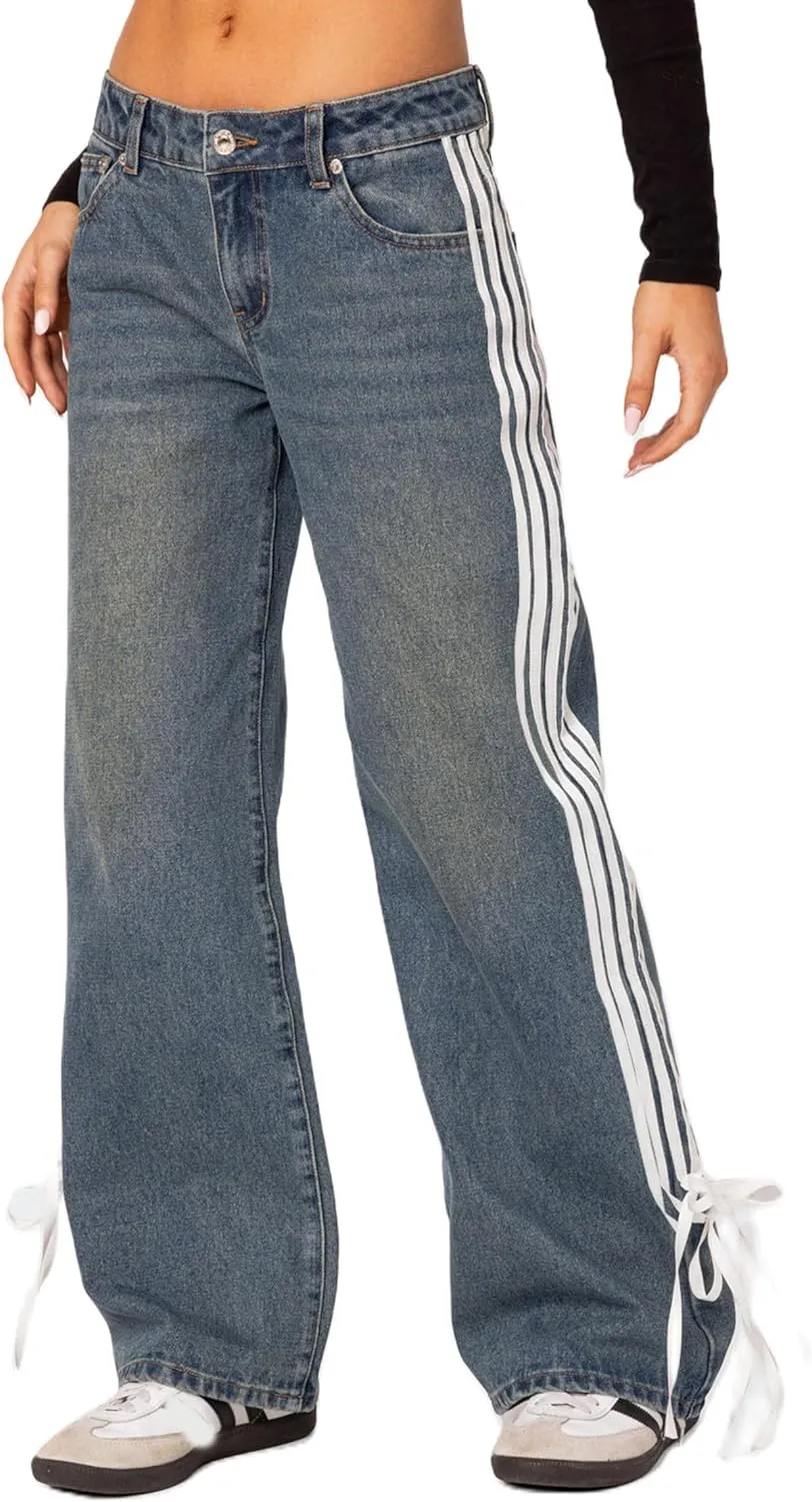 Mxiqqpltky Womens Wide Leg Jeans High Waist Boyfriend Denim Pants Side Striped Print Straight Baggy Mom Jeans Y2k Streetwear