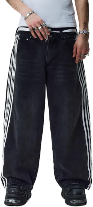 Mxiqqpltky Womens Wide Leg Jeans High Waist Boyfriend Denim Pants Side Striped Print Straight Baggy Mom Jeans Y2k Streetwear