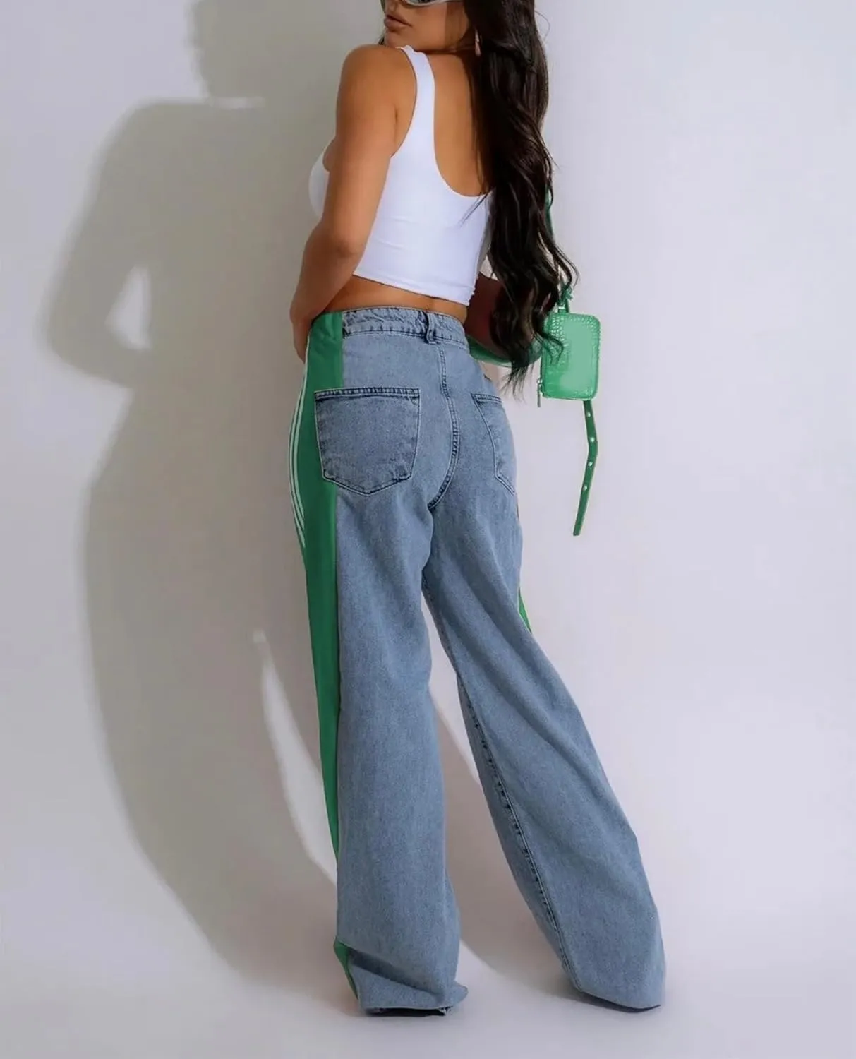 Mxiqqpltky Womens Wide Leg Jeans High Waist Boyfriend Denim Pants Side Striped Print Straight Baggy Mom Jeans Y2k Streetwear