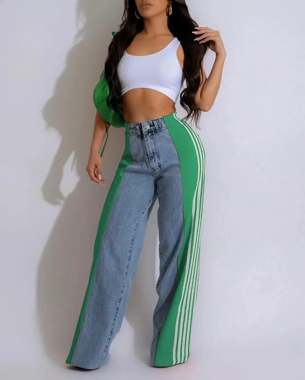 Mxiqqpltky Womens Wide Leg Jeans High Waist Boyfriend Denim Pants Side Striped Print Straight Baggy Mom Jeans Y2k Streetwear