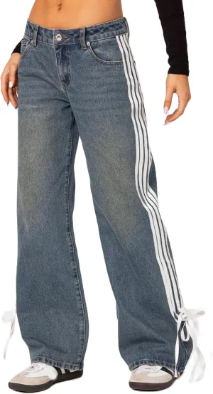 Mxiqqpltky Womens Wide Leg Jeans High Waist Boyfriend Denim Pants Side Striped Print Straight Baggy Mom Jeans Y2k Streetwear
