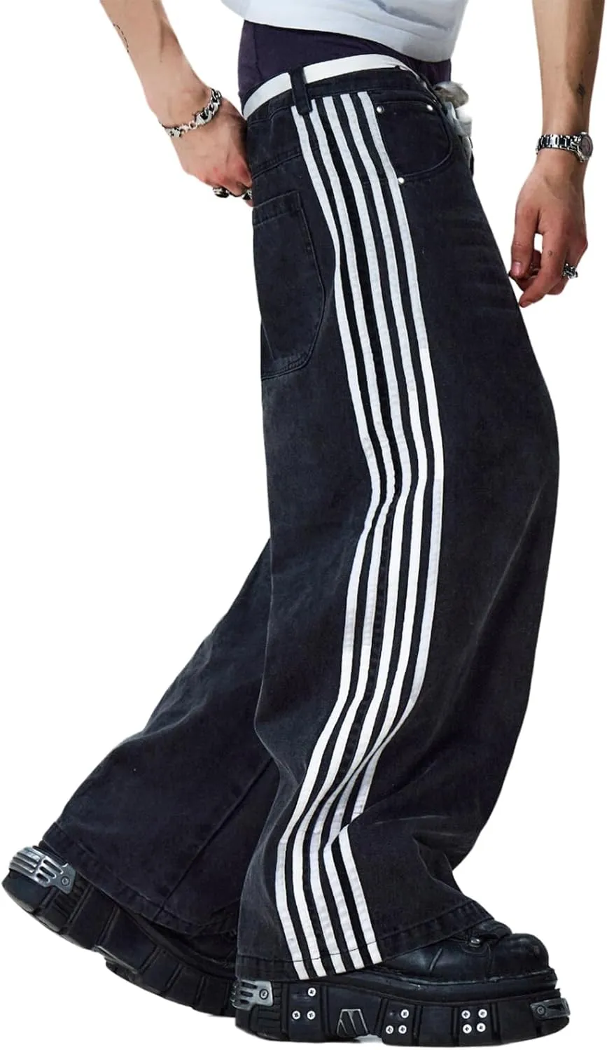 Mxiqqpltky Womens Wide Leg Jeans High Waist Boyfriend Denim Pants Side Striped Print Straight Baggy Mom Jeans Y2k Streetwear